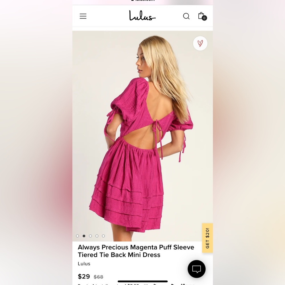 Lulus always precious magenta puff sleeve tiered tie back mini dress